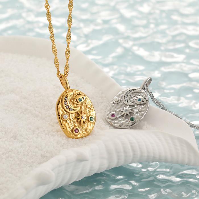 European and American Niche Personality Micro Inlaid Star Moon Round Necklace for Women Stainless Steel Ins Style Fashion Gold Plated Vintage Pendant