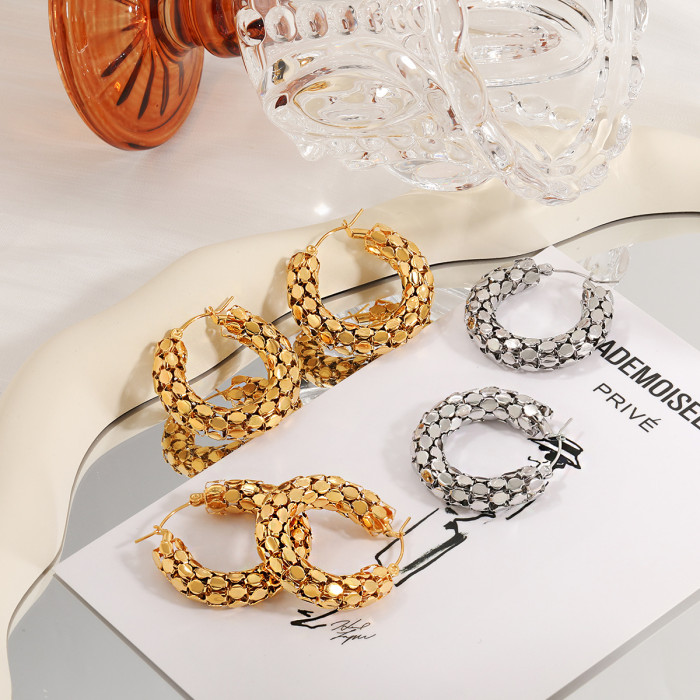 Fashion Personality Hollow Sequin Round Splicing Earrings for Women, Elegant and Luxurious C-shaped High-end Titanium...