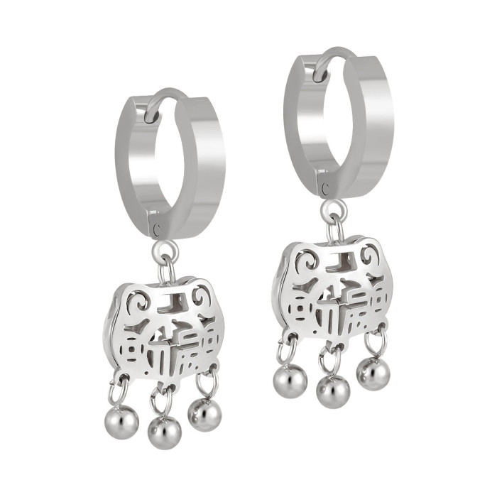 New Chinese Style National Trend Simple Fashion Titanium Steel Ruyi Peace Lock Earrings Niche Design Personality Versatile Fortune Lock Ear Jewelry