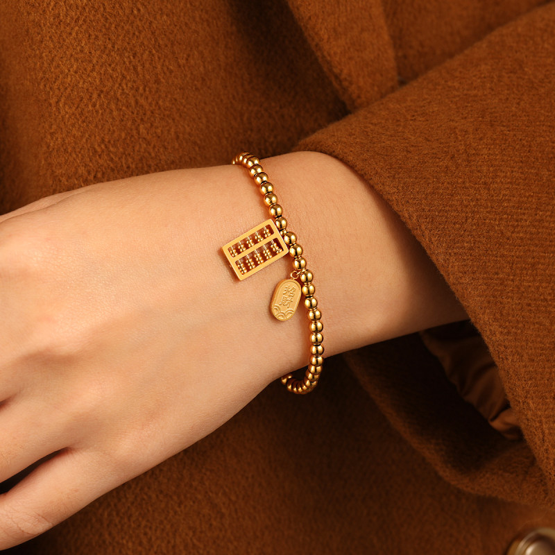 Ethnic Style Niche Design Zodiac Year Good Luck Elastic Cord Bracelet for Women Fashion Titanium Steel Gold-Plated Jewelry