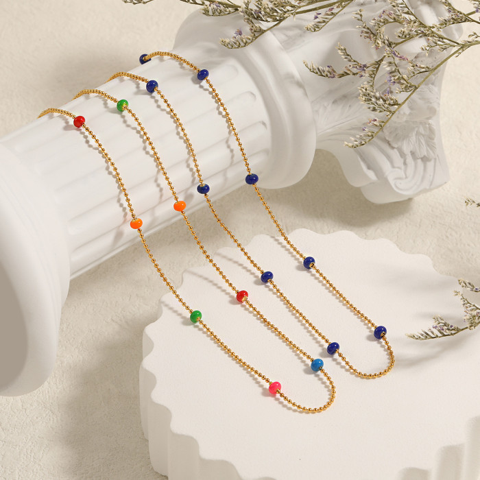 French Retro Bohemian Style Simple Colorful Bead Resin Necklace for Women Fashionable Personality Titanium Steel Coll...