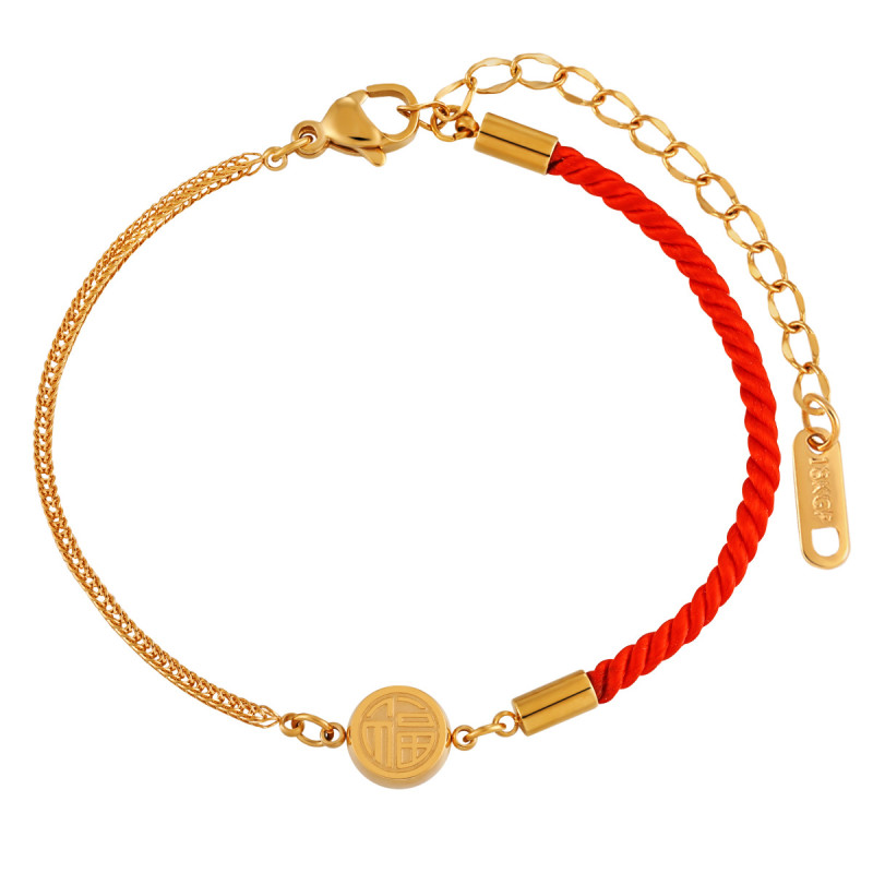 Chinese Style Double-Sided Fu Character Red String Bracelet for Women, Titanium Steel Fashionable Personalized Woven Thin Bracelet, Couple Style