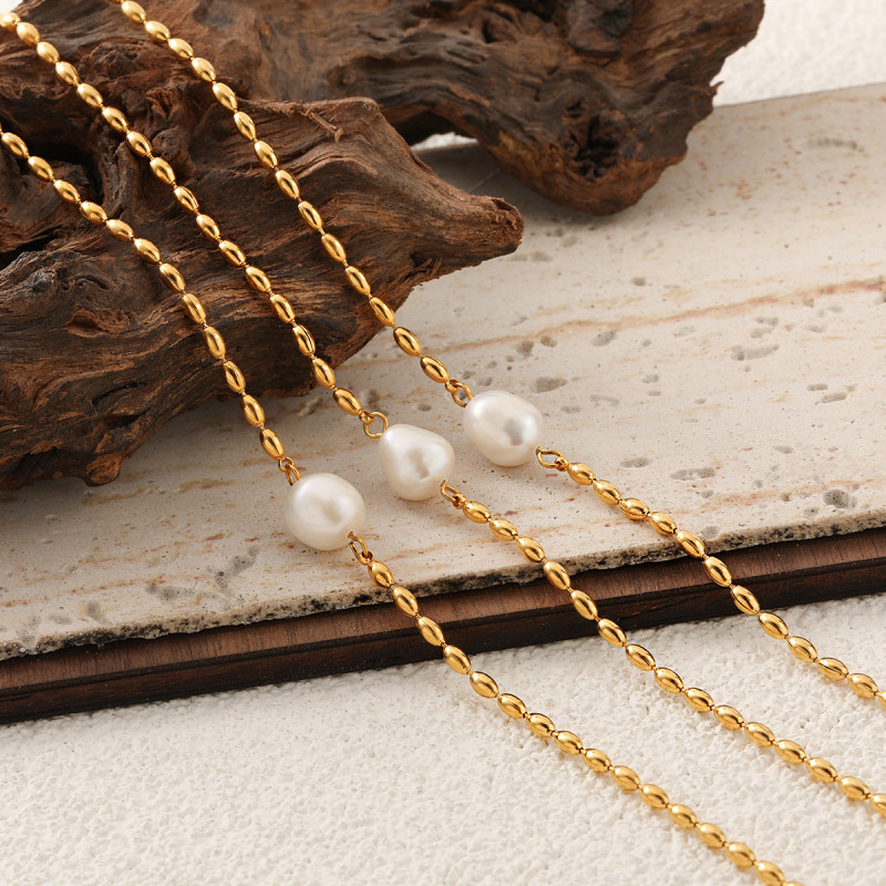 Palace Style Retro Niche Fashion Rice Bead Necklace for Women Titanium Steel PVD Electroplated 24K Gold Rice Grain Bracelet