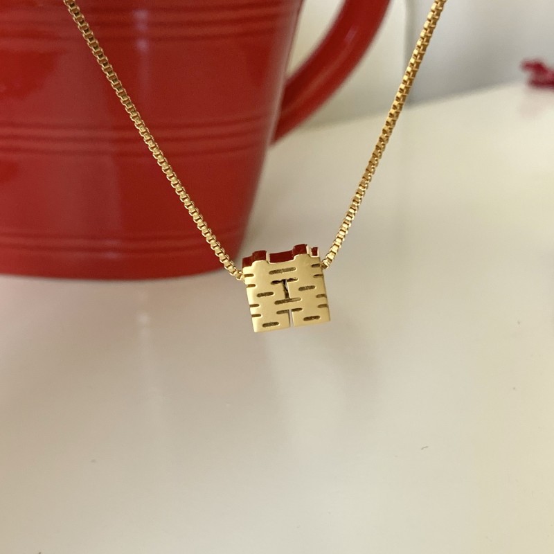 Titanium Steel Gold Pendant Double Happiness Necklace for Women Ethnic Style Double Happiness Clavicle Chain