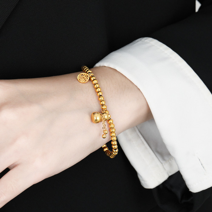 Chinese Style Fu Xi Bead Bracelet Tassel Gourd Lucky Bag Elastic Cord Bracelet for Women Titanium Steel Simple Personality Fashion Jewelry