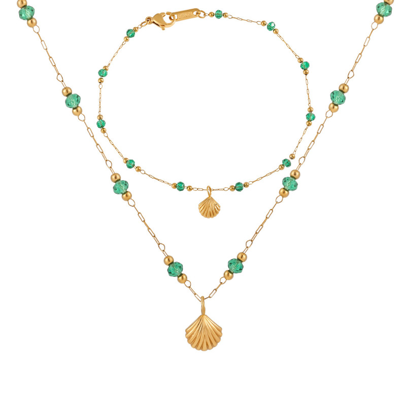 European and American Style French Retro Green Gemstone Gold Shell Titanium Steel Necklace for Women, Niche Design, Elegant and High-end Clavicle Chain