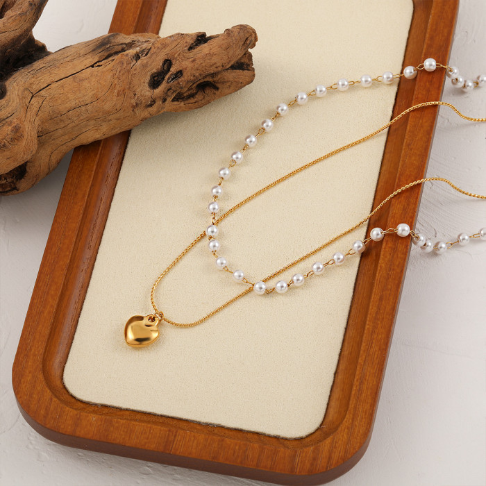 Korean Style Ins Fashion New Double-Layer Pearl Heart Braided Necklace Unique Gold-Plated Titanium Steel Collarbone Chain