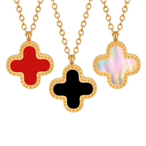 Korean Style Ins Style Light Luxury Natural Black and White Seashell Four-leaf Clover Necklace Fashionable Personality Gold-plated Titanium Steel Clavicle Chain
