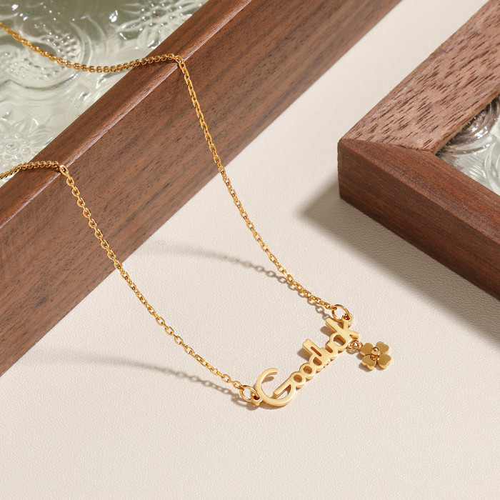Korean Version Ins Niche Minimalist Light Luxury Goodluck Letter Small Flower Four-leaf Clover Titanium Steel Necklac...