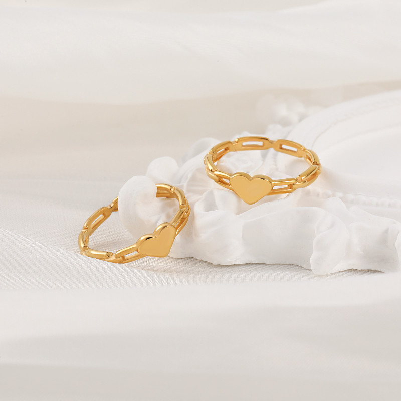 Korean Style Fashion New Ins Simple Chain Heart Ring for Women Gold-Plated Non-Fading Titanium Steel Gold Index Finger Ring