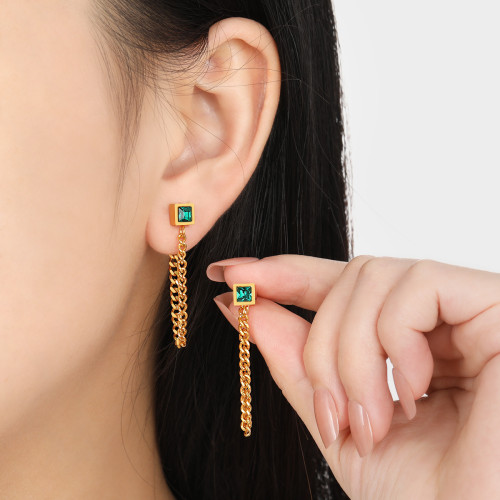 Fashionable High-End Minimalist Temperament Niche Chain Tassel Green Zircon Earrings for Women Korean Ins Style Titanium Steel Ear Jewelry