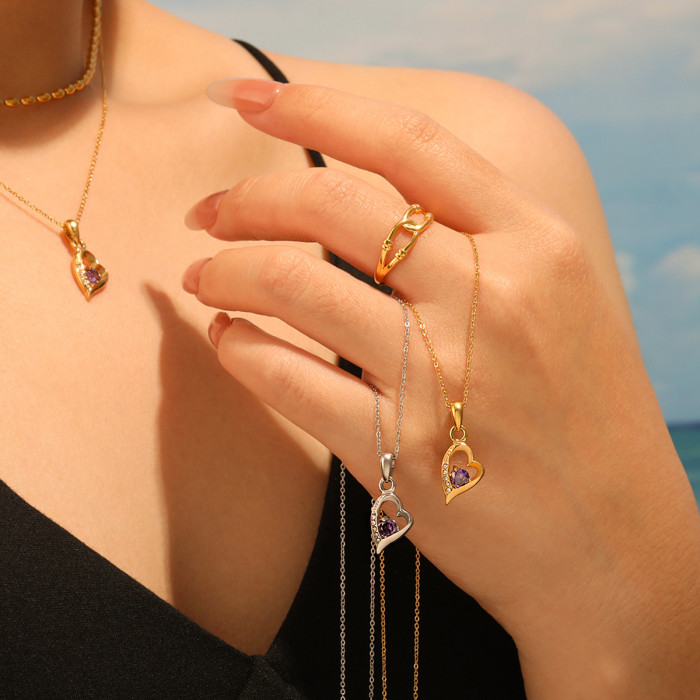 Korean Style Simple Inlaid Zircon Encounter Original Heart Pendant Collarbone Chain Necklace for Women Titanium Steel PVD Gold Plated Jewelry
