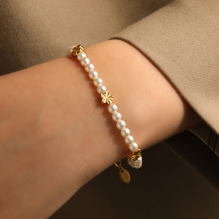 French Retro Design Laser Surface Flower Heart Titanium Steel Bracelet Gold Ins Style Personality Glass Pearl Jewelry