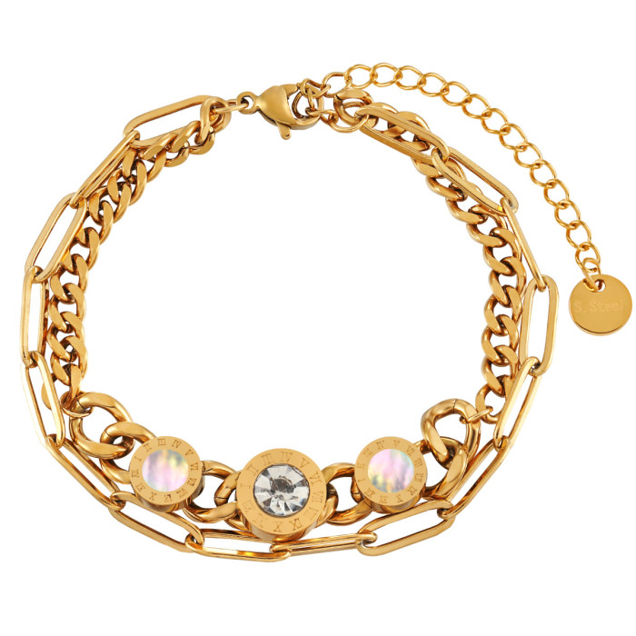 European and American Cross-Border Fashion Personality Double-Layer White Shell Roman Numeral Inlaid Diamond Bracelet for Women Stainless Steel NK Chain Hand Jewelry