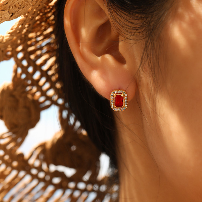 European and American Retro Handmade Inlaid Ruby Stud Earrings for Women, Ins Style, Light Luxury, Exquisite Stainless Steel 18K Real Gold Earrings
