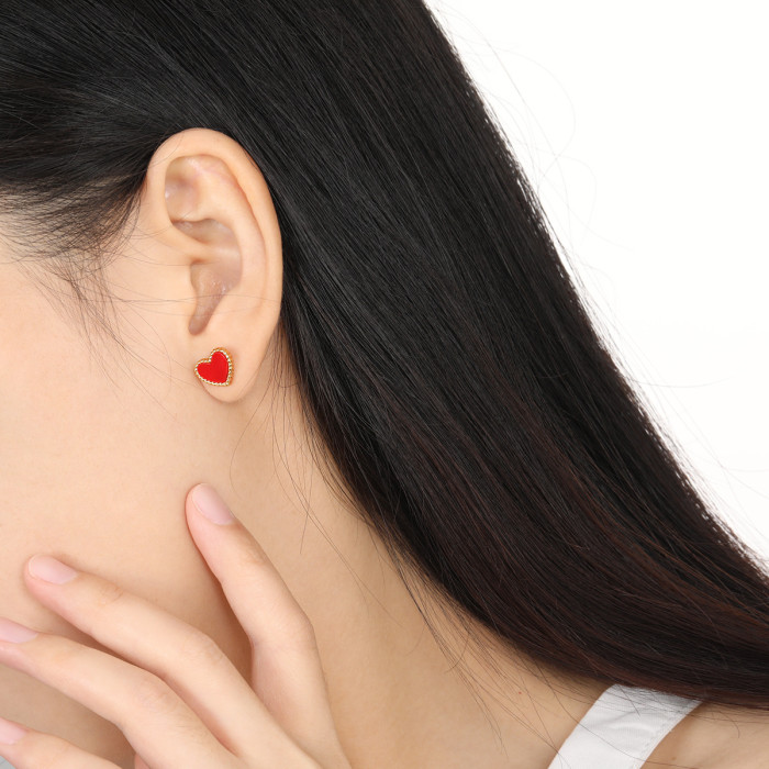 Korean Style Ins Style Elegant Simple Light Luxury Red Shell Heart Earrings Fashionable Personality Heart-shaped High-end Titanium Steel Earrings