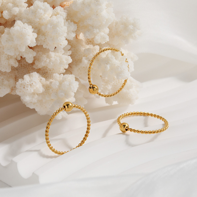 Korean Style New Niche Personality Gold Fortune Bead Braided Single Bead Ring for Women Fashion Gold-Plated Titanium Steel Index Finger Ring