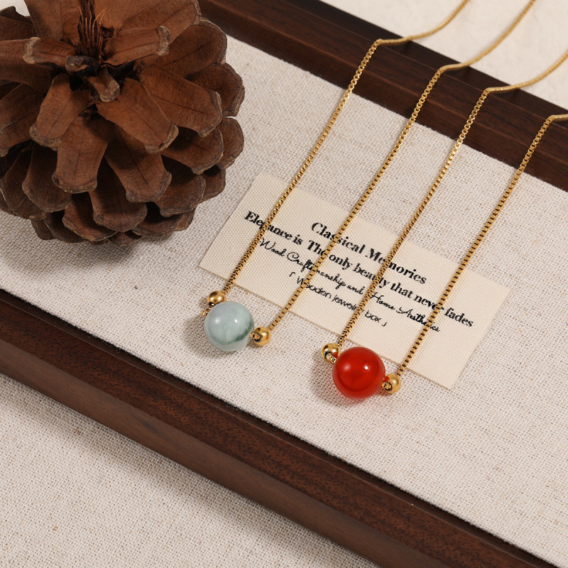 Fashion Simple Niche New Three Lives Three Worlds Red Agate Jade Necklace for Women Light Luxury Versatile Titanium Steel Collarbone Chain