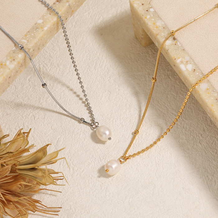 Korean Style New Luxury High-End Titanium Steel AB Chain Freshwater Pearl Necklace Niche Design Simple Collarbone Snake Bone Chain