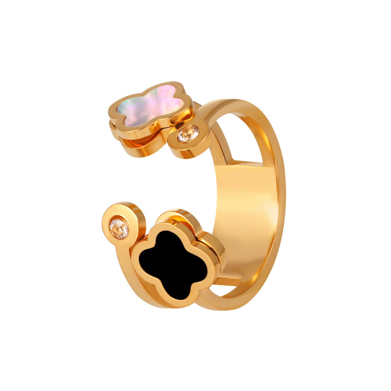 Korean Style Light Luxury Hollow Four-Leaf Clover Natural Mother-of-Pearl Ring Fashionable Personality Adjustable Open Titanium Steel Ring