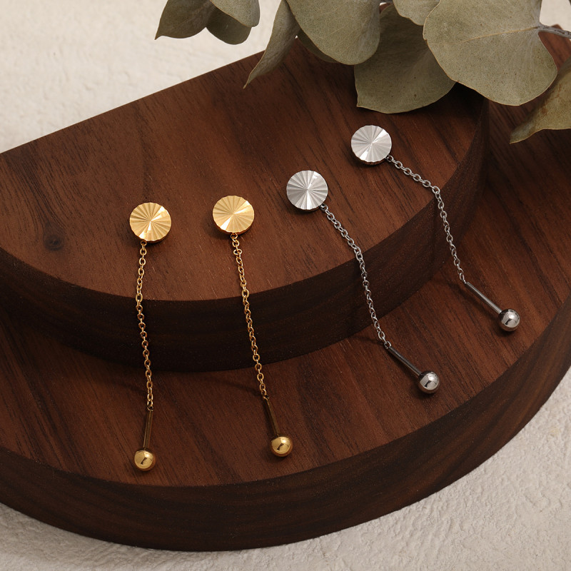 Korean Style Simple Laser Surface Small Round Plate Ear Thread Ins Style Fashion Personality Temperament Versatile Gold-Plated Titanium Steel Earrings