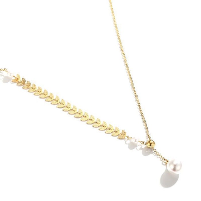 Korean Style Wheat Spike Necklace Spliced Pearl Necklace for Women Fashionable High-end Design Adjustable Titanium St...