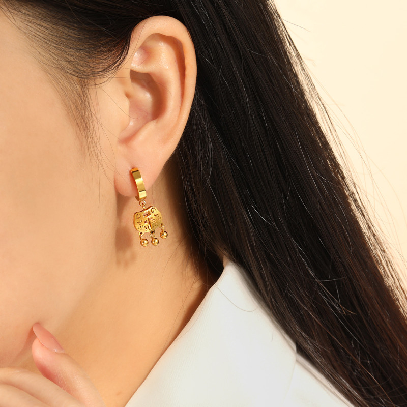 New Chinese Style National Trend Simple Fashion Titanium Steel Ruyi Peace Lock Earrings Niche Design Personality Versatile Fortune Lock Ear Jewelry