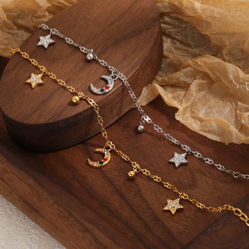 Korean Style Ins Niche Design Sense Star Moon Colorful Zircon Titanium Steel Bracelet Fashionable Personality Versatile Gold-plated Hand Jewelry