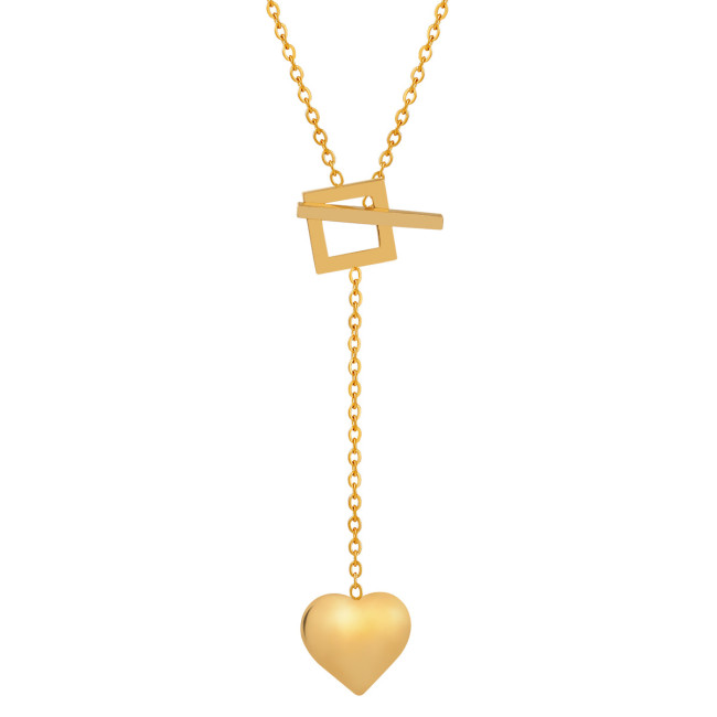 Cross-Border Fashion Tassel Heart Pendant Titanium Steel Necklace Minimalist OT Square Buckle Ins Style Niche Design Sense Choker