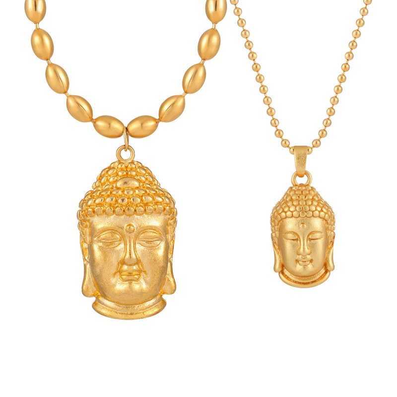 New Chinese Style National Trend Matte Eternal Peace Small Buddha Head Pendant Fashionable Personality Gold Plated Titanium Steel Necklace for Women