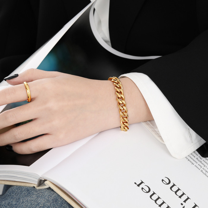 Hip-Hop Heavy Craft Six-Sided Polished Cuban Chain Bracelet for Women Fashionable Personality Gold Plated Titanium St...