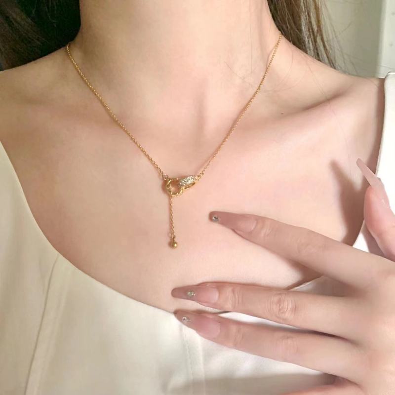 Tassel Chanel Style Diamond Double Ring Single Bead Collarbone Chain Stainless Steel with Rhinestones Fashionable Exquisite Petite Necklace for Women