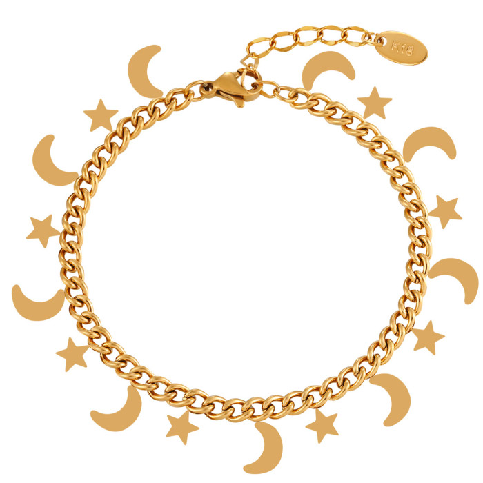 Star and Moon Round Bracelet for Women, Ins Style, High-End Fashion Titanium Steel PVD Gold Plated Jewelry