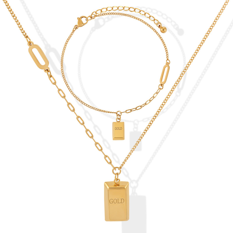 Korean Style Ins Niche High-End Light Luxury Rich Gold Small Gold Brick Gold Bar Titanium Steel Necklace Women's Anklet Jewelry Set