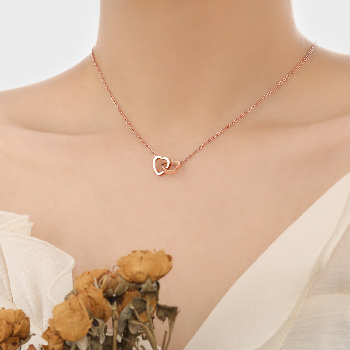 Korean Style Ins Personality Temperament Versatile Heart-Shaped Collarbone Chain Fashion Niche Design Heart Double Ring Titanium Steel Necklace