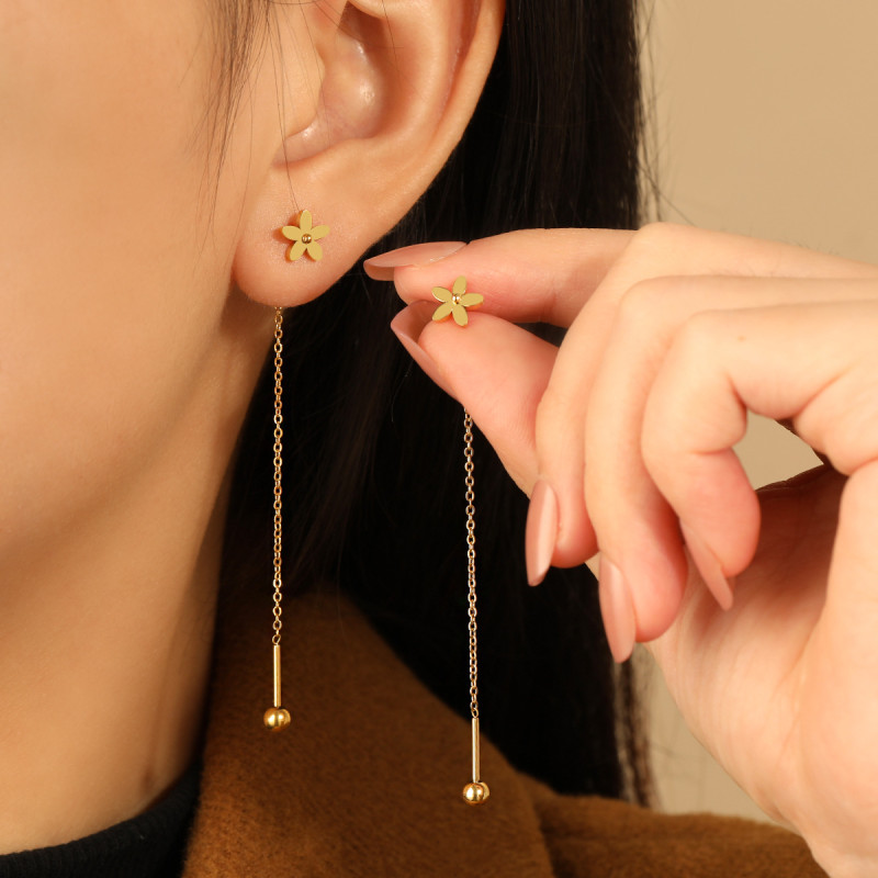 Korean Style Ins Style Small Daisy Single Bead Ear Thread Female Sleeping Without Taking Off Anti-lost Titanium Steel Personality casual fashion Ear Jewelry