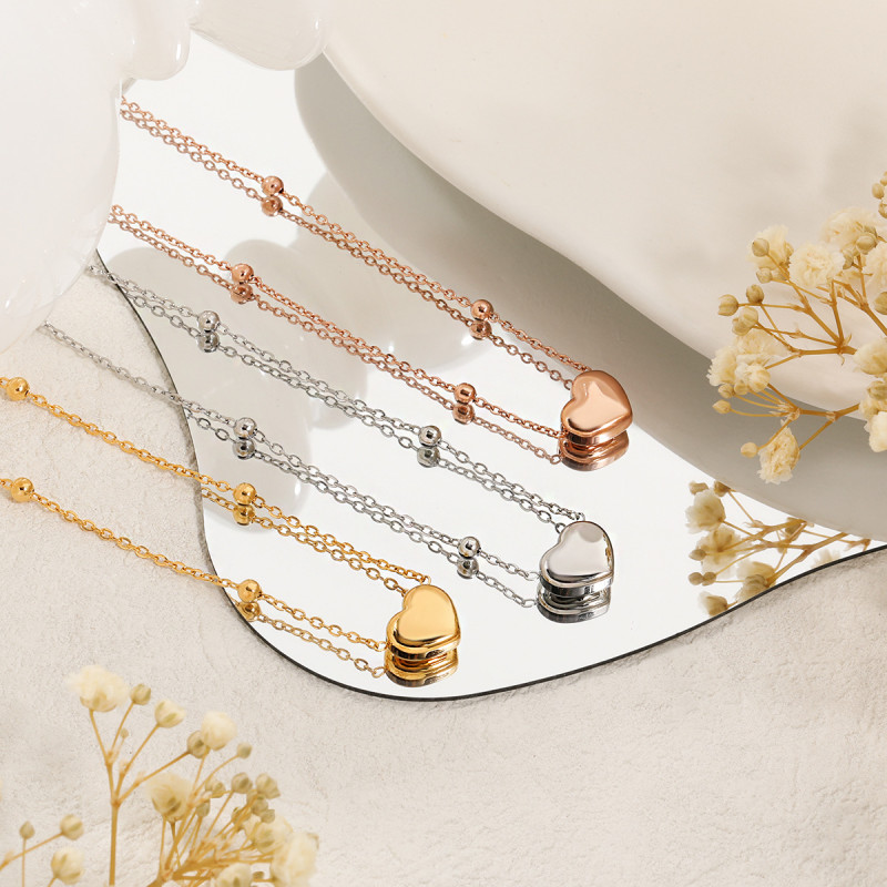 Korean Style Niche Oil Pressure Heart Clip Bead Titanium Steel Necklace for Women Fashionable Personality Temperament Stainless Steel Interbead Collarbone Chain