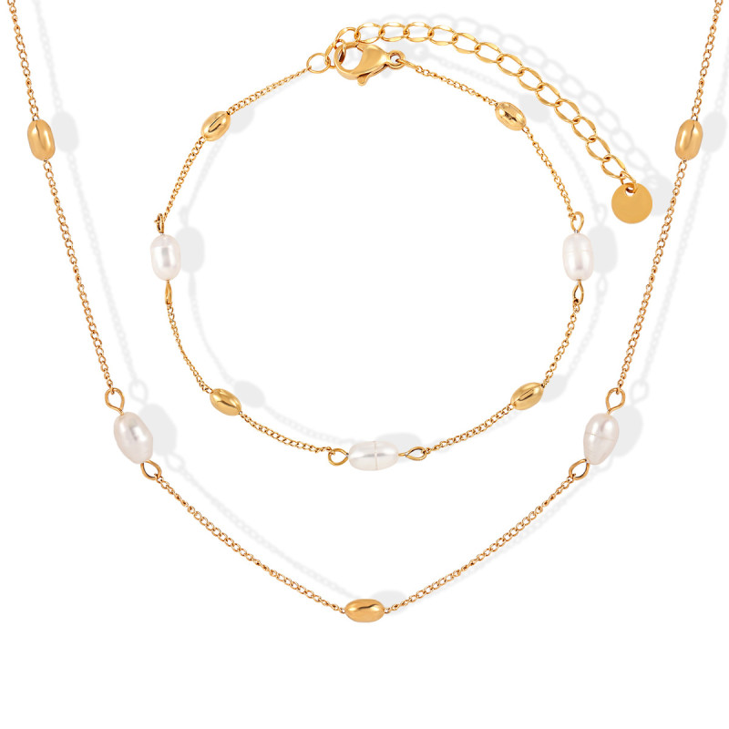 Korean Version INS Niche Design High-End Geometric Oval Freshwater Pearl Titanium Steel Necklace Bracelet Women's Set