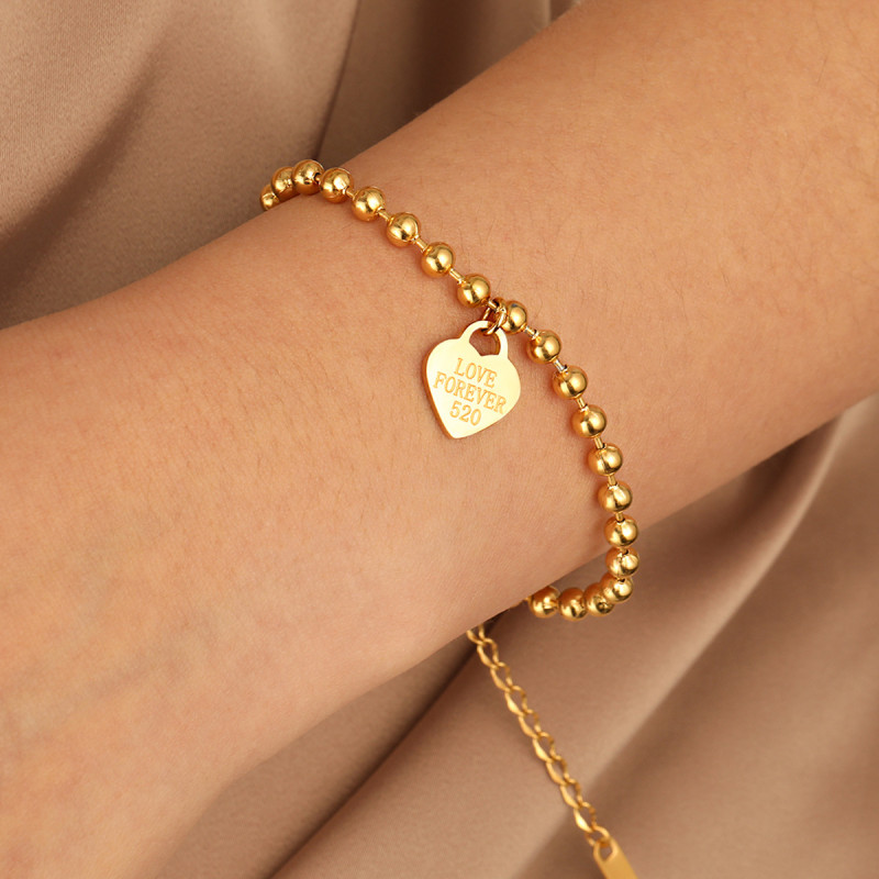 Cross-Border New Heart-Shaped Pendant Jewelry Ins Niche Design Round Bead Chain Ladies Titanium Steel fashion Peach Heart Bracelet