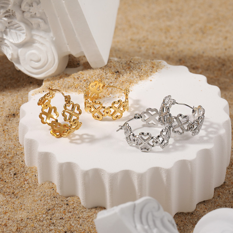 Korean Style Ins Style Niche Sweet Temperament Heart Combination Four-leaf Clover Earrings Fashionable Personality Gold-plated Titanium Steel Ear Jewelry
