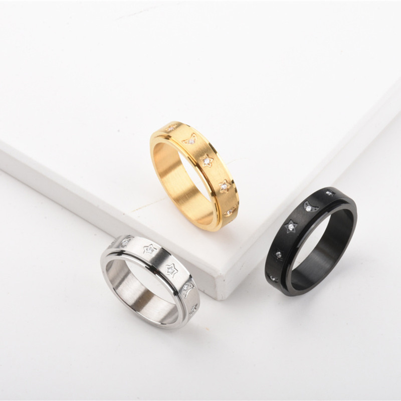 Star Moon Inlaid Diamond Ring for Men and Women, Rotatable Stress Relief Ring, European and American Style Titanium Steel Casting Anti-Fade Tail Ring