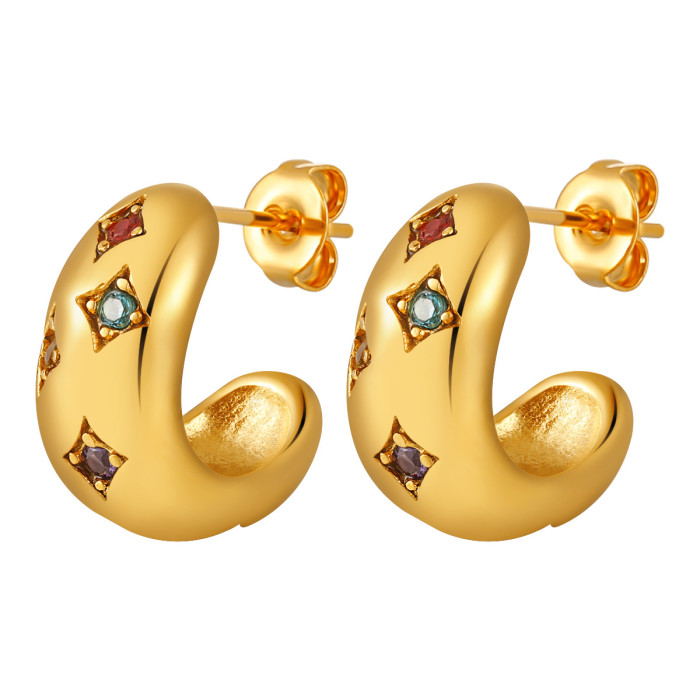 New INS Style Light Luxury Retro Colorful Zircon Earrings for Women High-end Gold Plated Fashion Stud Earrings Titani...