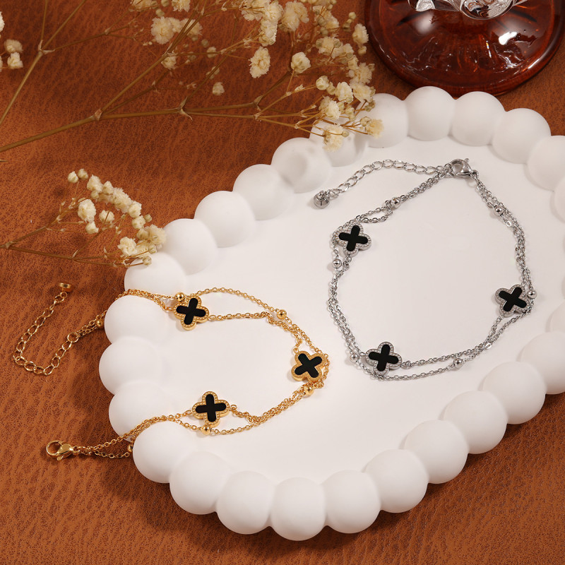 Korean Style Light Luxury Fashion Simple Four-Leaf Clover Double Layer Beaded Anklet for Women Unique Niche High-End Titanium Steel Foot Jewelry