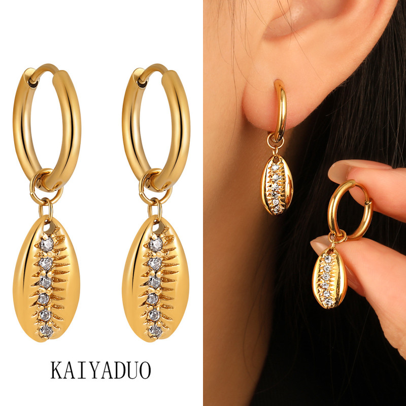 Cross-Border Niche Personality Retro Temperament Conch Pendant Earrings for Women Ins Ocean Fashion Titanium Steel 18K Gold Plated Ear Jewelry