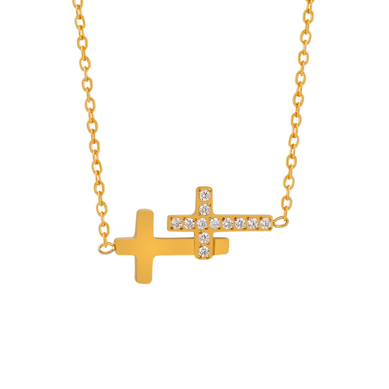 Korean Style Ins Double Cross Personality Simple Light Luxury Necklace Collarbone Chain Titanium Steel Gold Plated 24K Gold Jewelry