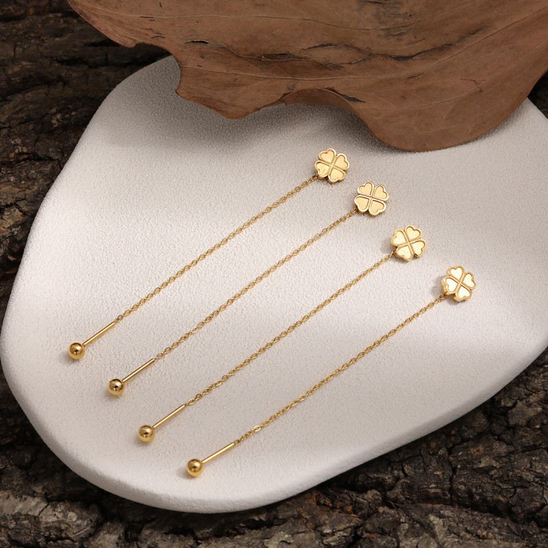Korean Style Ins Style Long Gold Tassel Ear Thread Female Temperament fashion Advanced Love Four-leaf Clover Screw Ear Jewelry