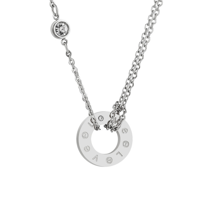 European and American Fashion Simple LOVE Necklace with Diamonds for Women, Long Round Pendant, Titanium Steel, Polished Jewelry, PVD Gold Plated