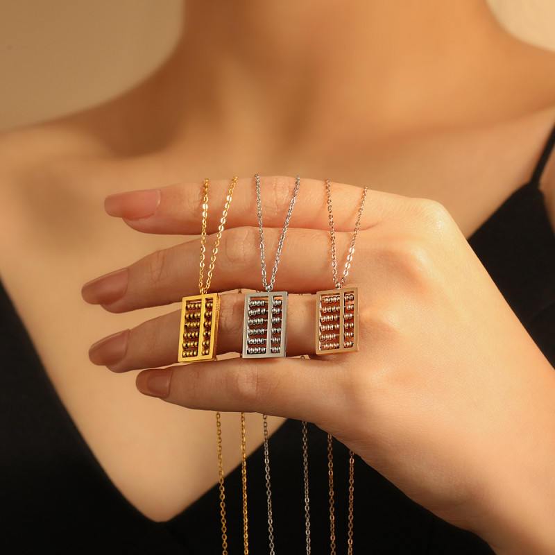 National Trend Ethnic Style Ruyi Small Round Bead Abacus Pendant Zodiac Year Necklace for Women Titanium Steel PVD Gold Plated Clavicle Necklace