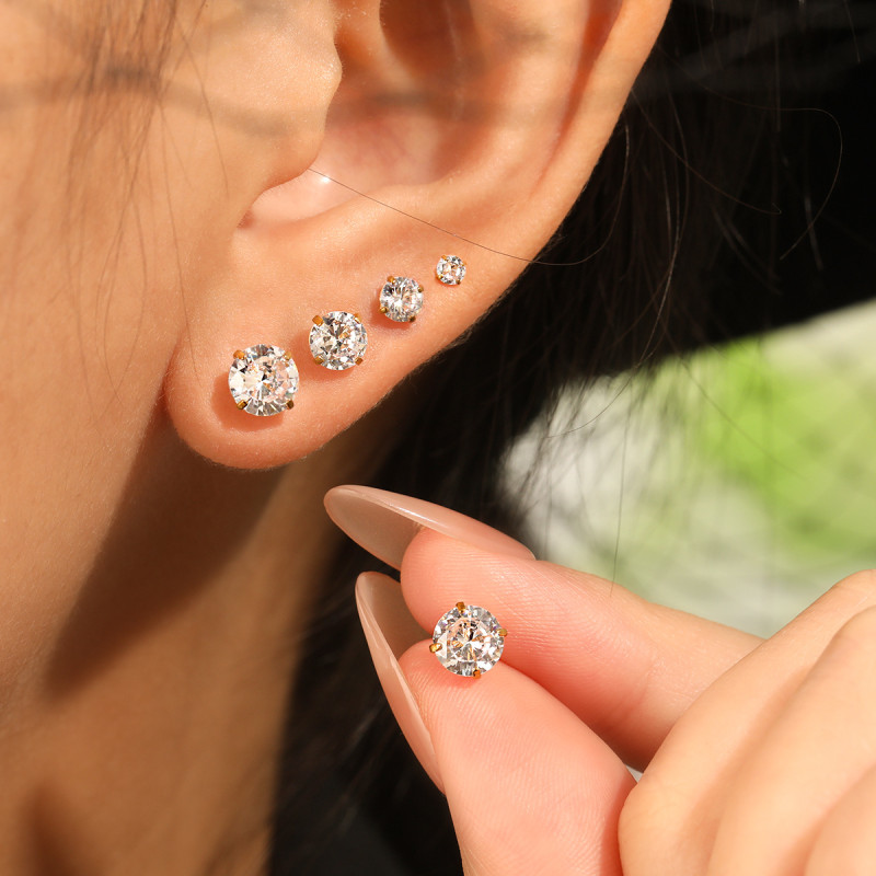 Titanium Steel Super Shiny Ins Style Mini Four-Prong Diamond Ear Bone Stud for Women, Gold Screw Earrings, Sleep-Friendly, No Need to Remove, Ear Piercing Jewelry