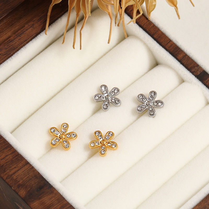 Korean Style Fashion Simple Flower Earrings Ins Style Elegant Personality Versatile Micro Inlaid Full Diamond High-end Titanium Steel Earrings